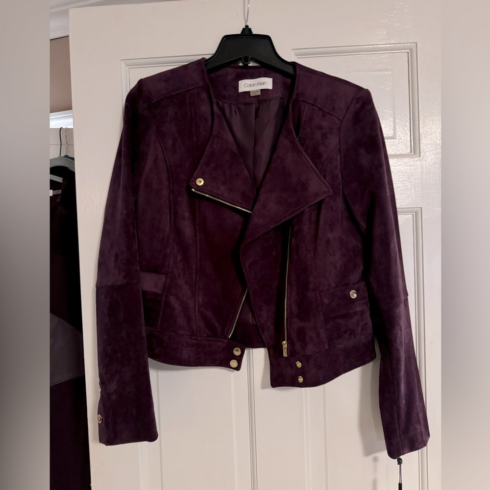 Calvin Klein faux suede Moto jacket in a plum color.